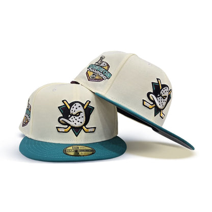 Off White Anaheim Mighty Ducks Teal Visor Gray Bottom 2007 Stanley Cup Champions Side Patch New Era 59Fifty Fitted