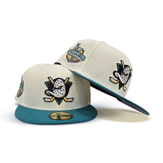 Off White Anaheim Mighty Ducks Teal Visor Gray Bottom 2007 Stanley Cup Champions Side Patch New Era 59Fifty Fitted