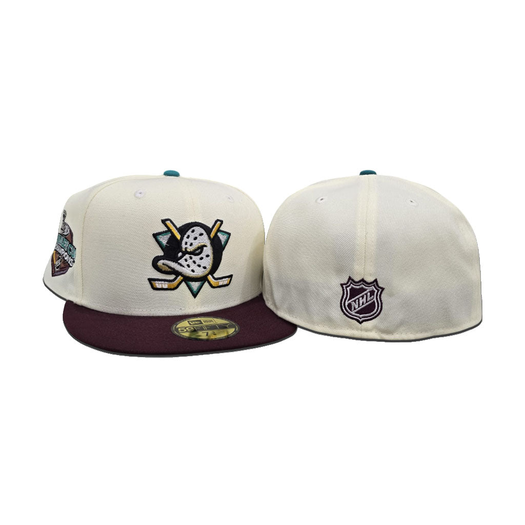 Off White Anaheim Mighty Ducks Maroon Visor Gray Bottom 2007 Stanley Cup Champions Side Patch New Era 59Fifty Fitted