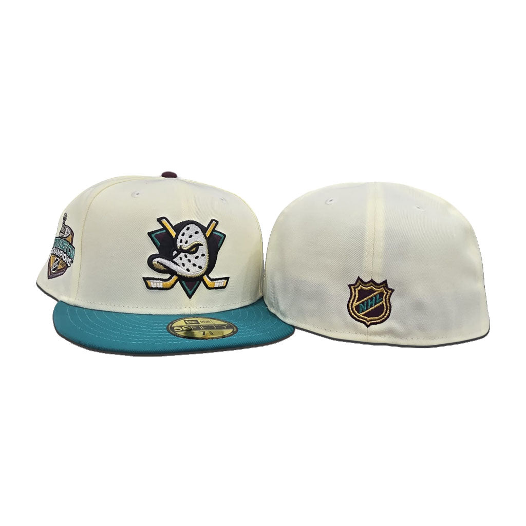 Off White Anaheim Mighty Ducks Teal Visor Gray Bottom 2007 Stanley Cup Champions Side Patch New Era 59Fifty Fitted