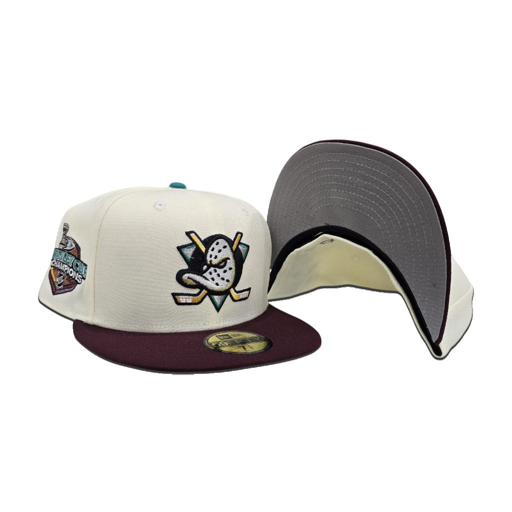 Off White Anaheim Mighty Ducks Maroon Visor Gray Bottom 2007 Stanley Cup Champions Side Patch New Era 59Fifty Fitted