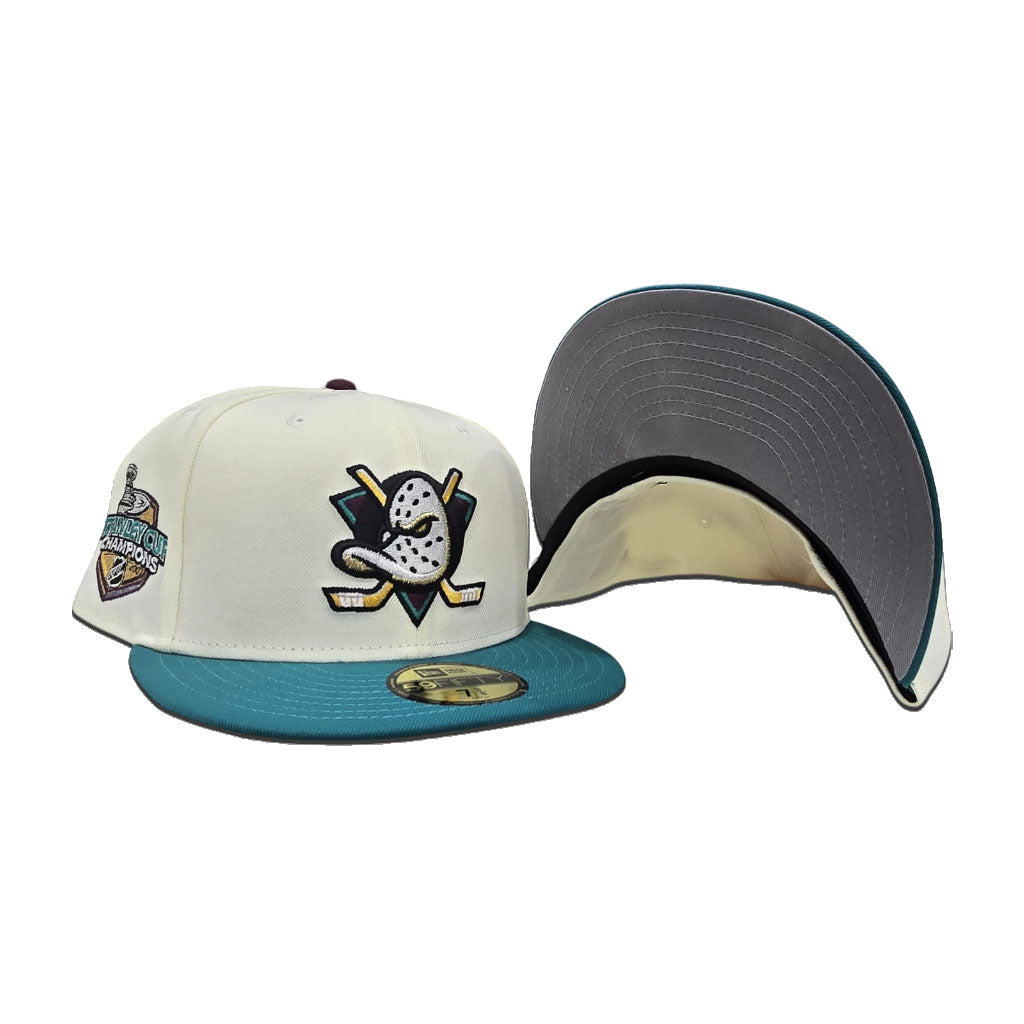 Off White Anaheim Mighty Ducks Teal Visor Gray Bottom 2007 Stanley Cup Champions Side Patch New Era 59Fifty Fitted