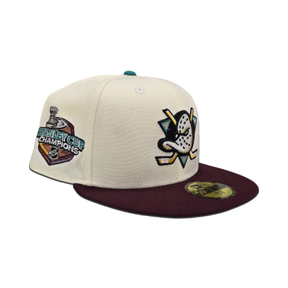 Off White Anaheim Mighty Ducks Maroon Visor Gray Bottom 2007 Stanley Cup Champions Side Patch New Era 59Fifty Fitted