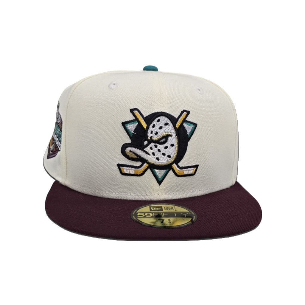 Off White Anaheim Mighty Ducks Maroon Visor Gray Bottom 2007 Stanley Cup Champions Side Patch New Era 59Fifty Fitted