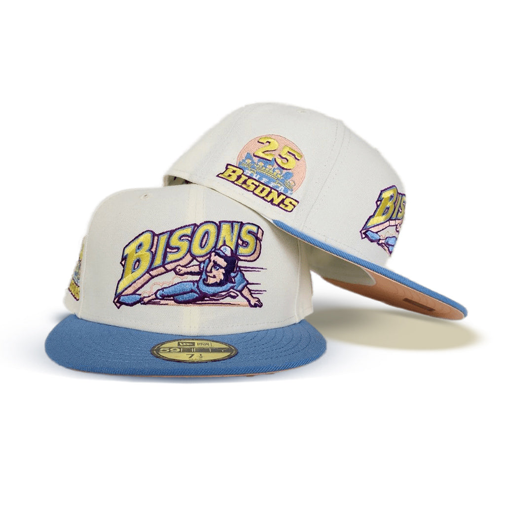 Off White Buffalo Bisons Blue Visor Peach Bottom 25th Years Side Patch New Era 59Fifty Fitted