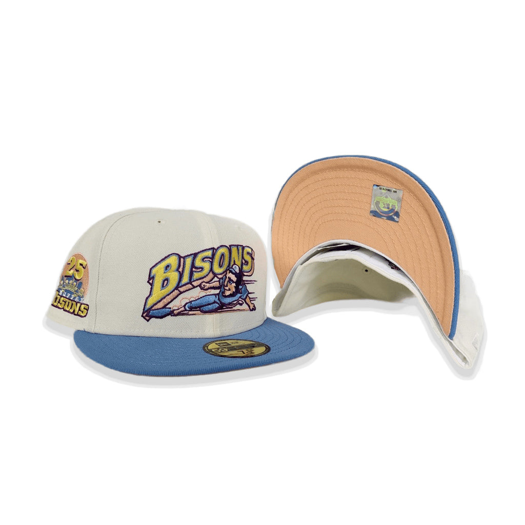 Off White Buffalo Bisons Blue Visor Peach Bottom 25th Years Side Patch New Era 59Fifty Fitted