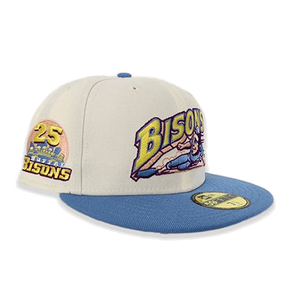 Off White Buffalo Bisons Blue Visor Peach Bottom 25th Years Side Patch New Era 59Fifty Fitted