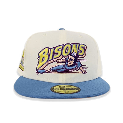 Off White Buffalo Bisons Blue Visor Peach Bottom 25th Years Side Patch New Era 59Fifty Fitted