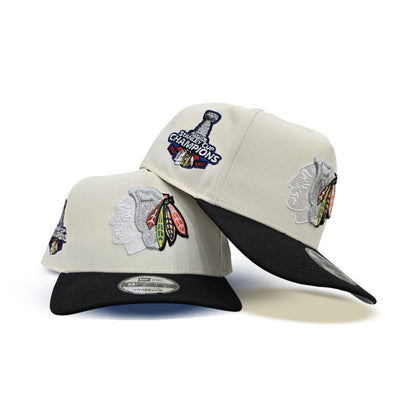 Off White Chicago Blackhawks Black Curved Brim Gray Bottom 2015 Stanley Cup Champions Side Patch New Era A-Frame 9Fifty Snapback