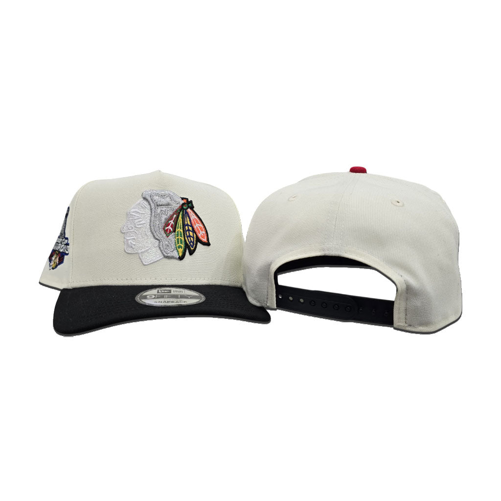 Off White Chicago Blackhawks Black Curved Brim Gray Bottom 2015 Stanley Cup Champions Side Patch New Era A-Frame 9Fifty Snapback