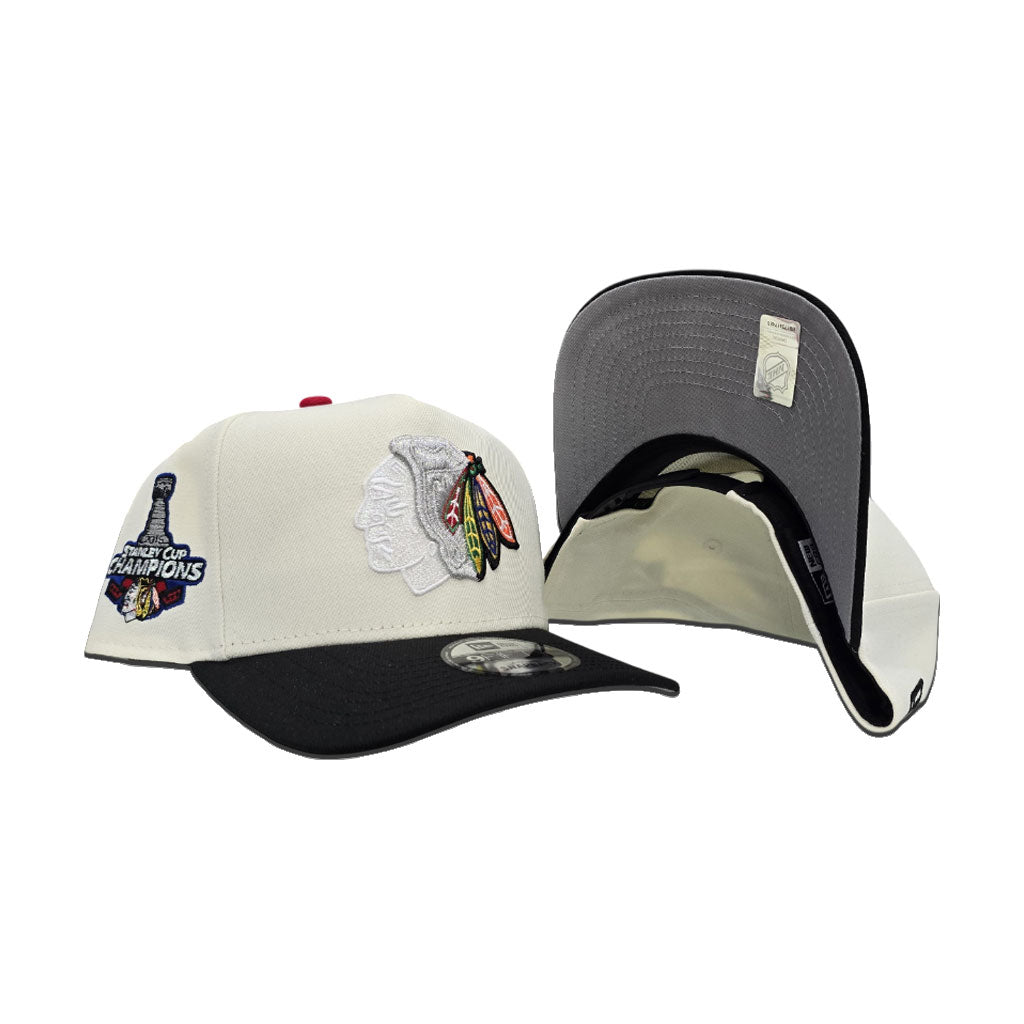 Off White Chicago Blackhawks Black Curved Brim Gray Bottom 2015 Stanley Cup Champions Side Patch New Era A-Frame 9Fifty Snapback