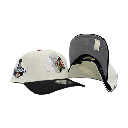 Off White Chicago Blackhawks Black Curved Brim Gray Bottom 2015 Stanley Cup Champions Side Patch New Era A-Frame 9Fifty Snapback