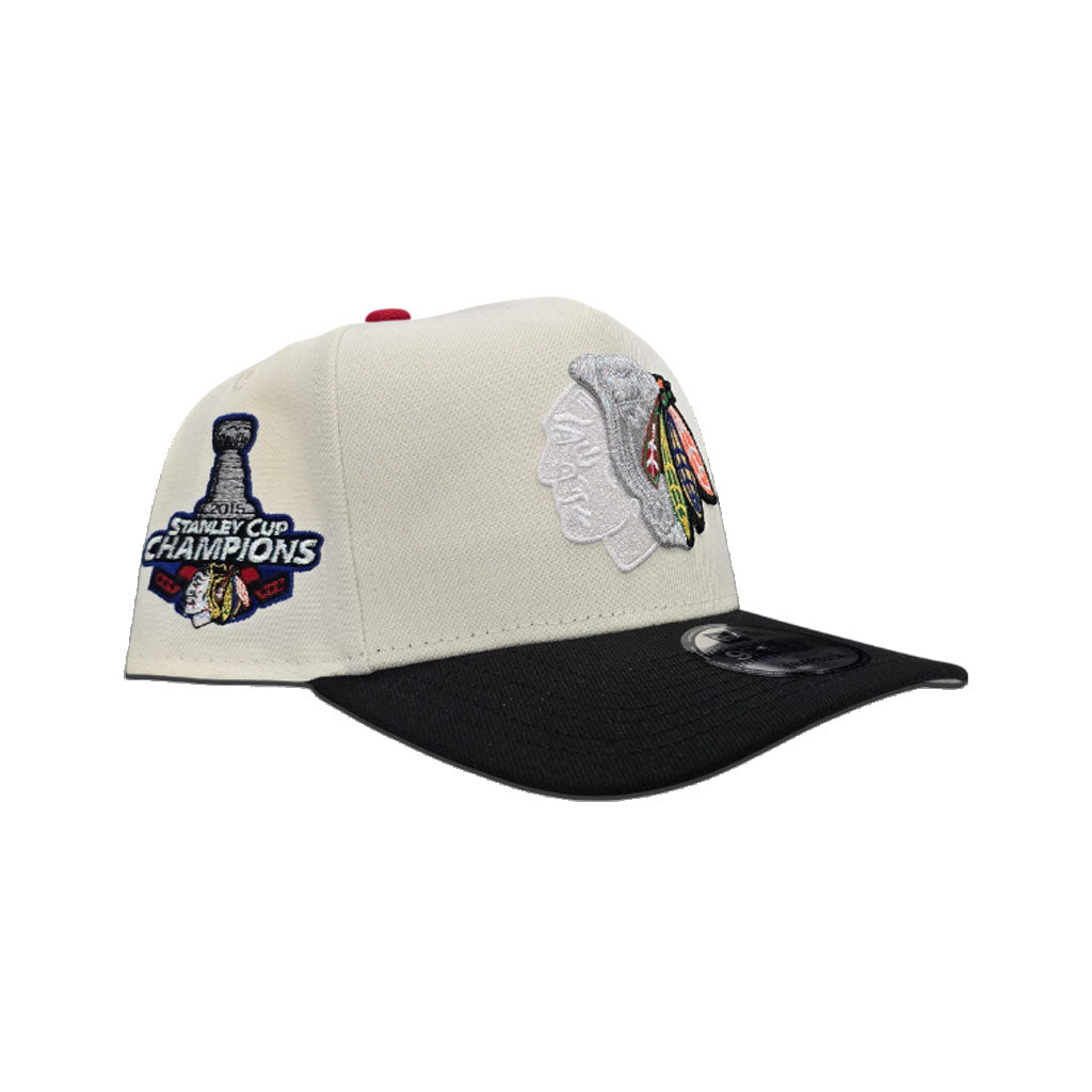Off White Chicago Blackhawks Black Curved Brim Gray Bottom 2015 Stanley Cup Champions Side Patch New Era A-Frame 9Fifty Snapback