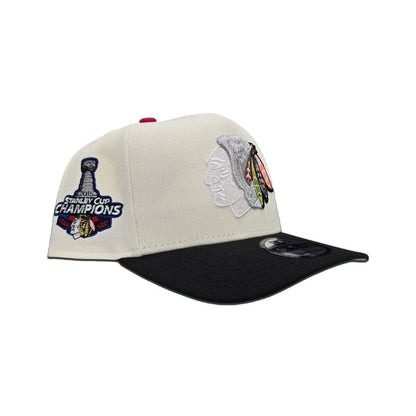 Off White Chicago Blackhawks Black Curved Brim Gray Bottom 2015 Stanley Cup Champions Side Patch New Era A-Frame 9Fifty Snapback