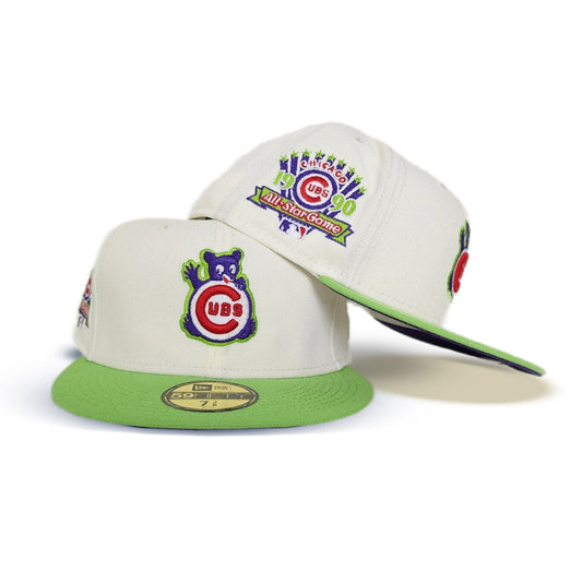 Off White Chicago Cubs Lime Green Visor Purple Bottom 1990 All Star Game Side Patch New Era 59Fifty Fitted