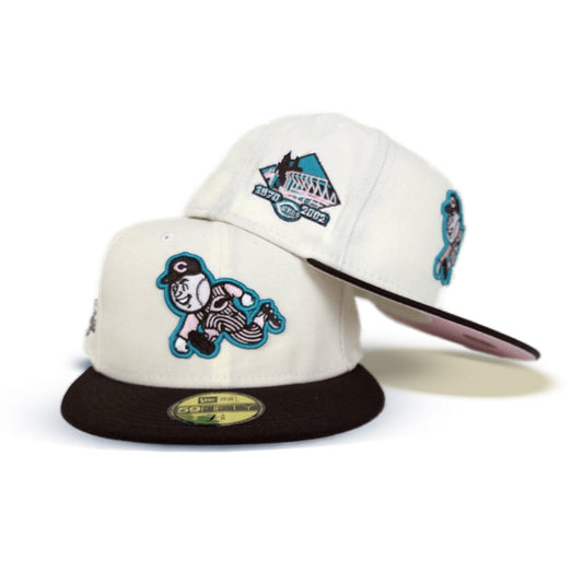 Off White Cincinnati Reds Brown Visor Pink Bottom 2003 Inaugural Season side Patch New Era 59Fifty Fitted