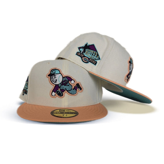 Off White Cincinnati Reds Peach Visor Mint Bottom 1970-2002 Side Patch New Era 59Fifty Fitted