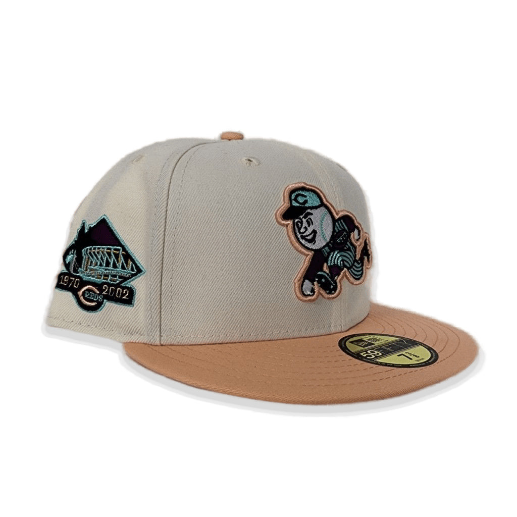 Off White Cincinnati Reds Peach Visor Mint Bottom 1970-2002 Side Patch New Era 59Fifty Fitted
