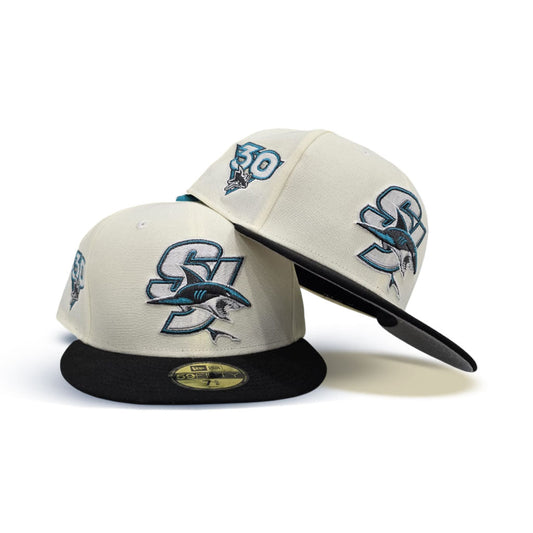 Off White San Jose Sharks Black Visor Gray Bottom 30th Anniversary Side Patch New Era 59Fifty Fitted
