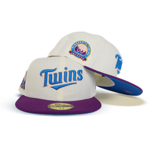Off White Minnesota Twins Grape Purple Visor Cardinal Blue Bottom 60th Anniversary Side Patch New Era 59Fifty Fitted
