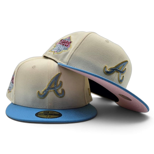 Off White Atlanta Braves Sky Blue Visor Pink Bottom 1999 World Series Side Patch New Era 59Fifty Fitted