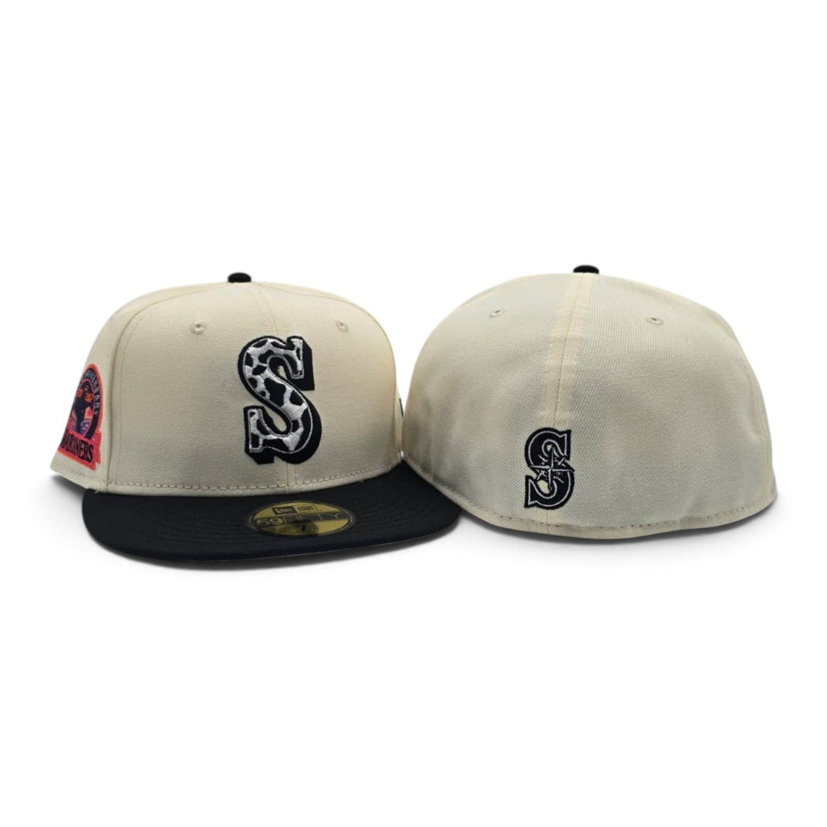 Off White Seattle Mariners Cow Print Logo Black Visor Gray Bottom 30th Anniversary Side Patch New Era 59Fifty Fitted