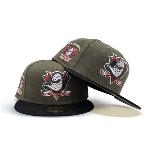 Olive Green Anaheim Mighty Ducks Black Visor Gray Bottom 1993-1994 Inaugural Season Side Patch New Era 59Fifty Fitted