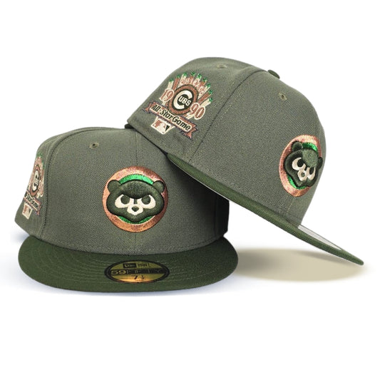 Olive Green Chicago Cubs Dark Olive Visor Gray Bottom 1990 All Star Game Side Patch New Era 59Fifty Fitted