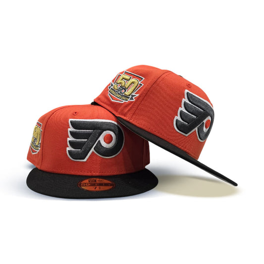 Orange Philadelphia Flyers Black Visor Gray Bottom 50th Anniversry Side Patch New Era 59Fifty Fitted