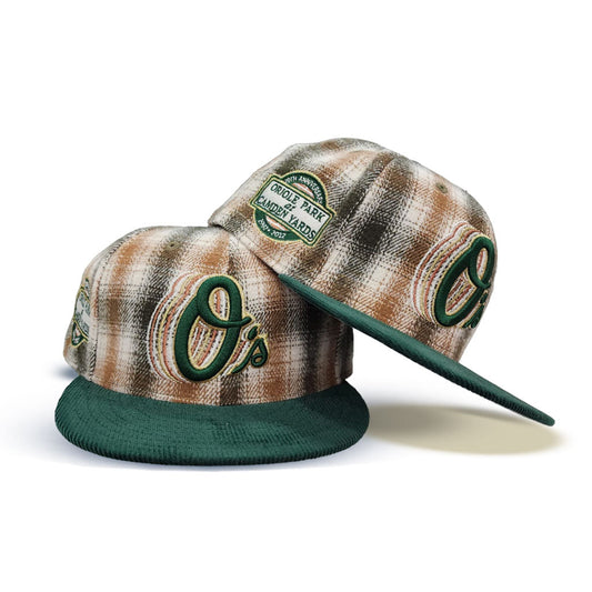 Tan/Brown Plaid Baltimore Orioles Dark Green Corduroy Visor Gray Bottom 20th Anniversary Side Patch New Era 59Fifty Fitted