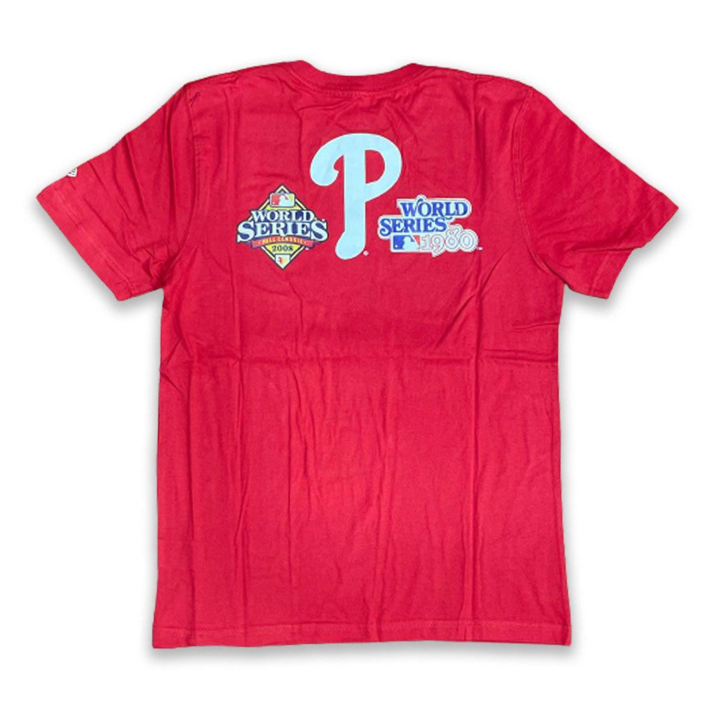 RED PHILADELPHIA PHILLIES 2X WORLD SERIES CHAMPIONS NEW ERA SHORT SLEEVE T-SHIRT