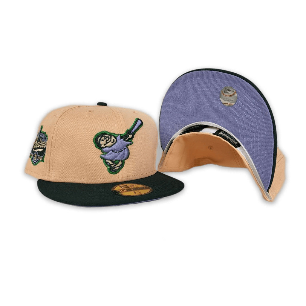 Peach San Diego Padres Dark Green Visor Lavender Bottom Padres EST. 1968 Side Patch New Era 59Fifty Fitted