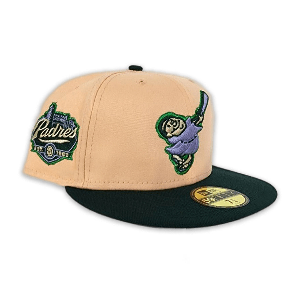 Peach San Diego Padres Dark Green Visor Lavender Bottom Padres EST. 1968 Side Patch New Era 59Fifty Fitted