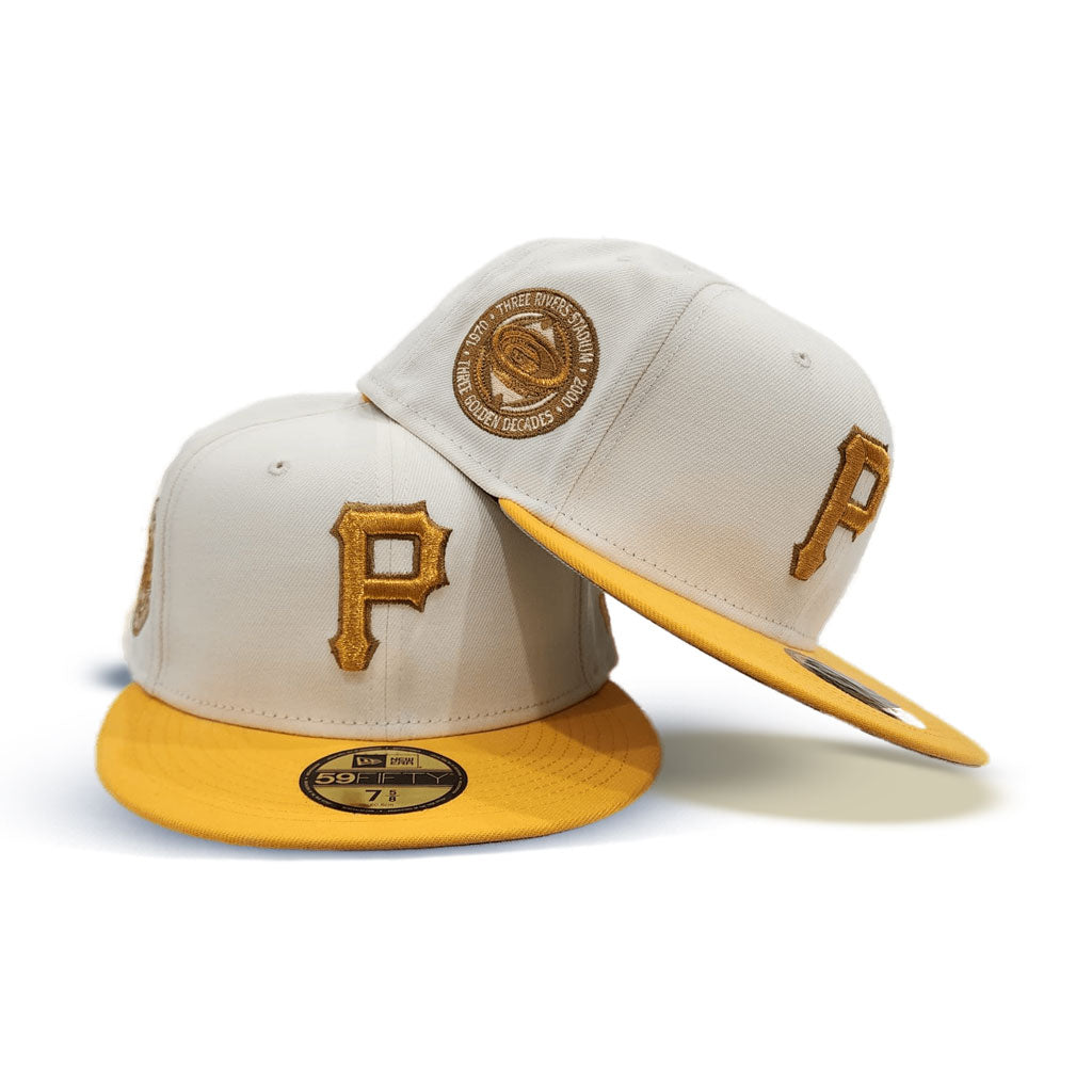 Off White Pittsburgh Pirates Yellow Visor Gray Bottom Three Rivers Stadium Side Patch New Era 59Fifty Fitted