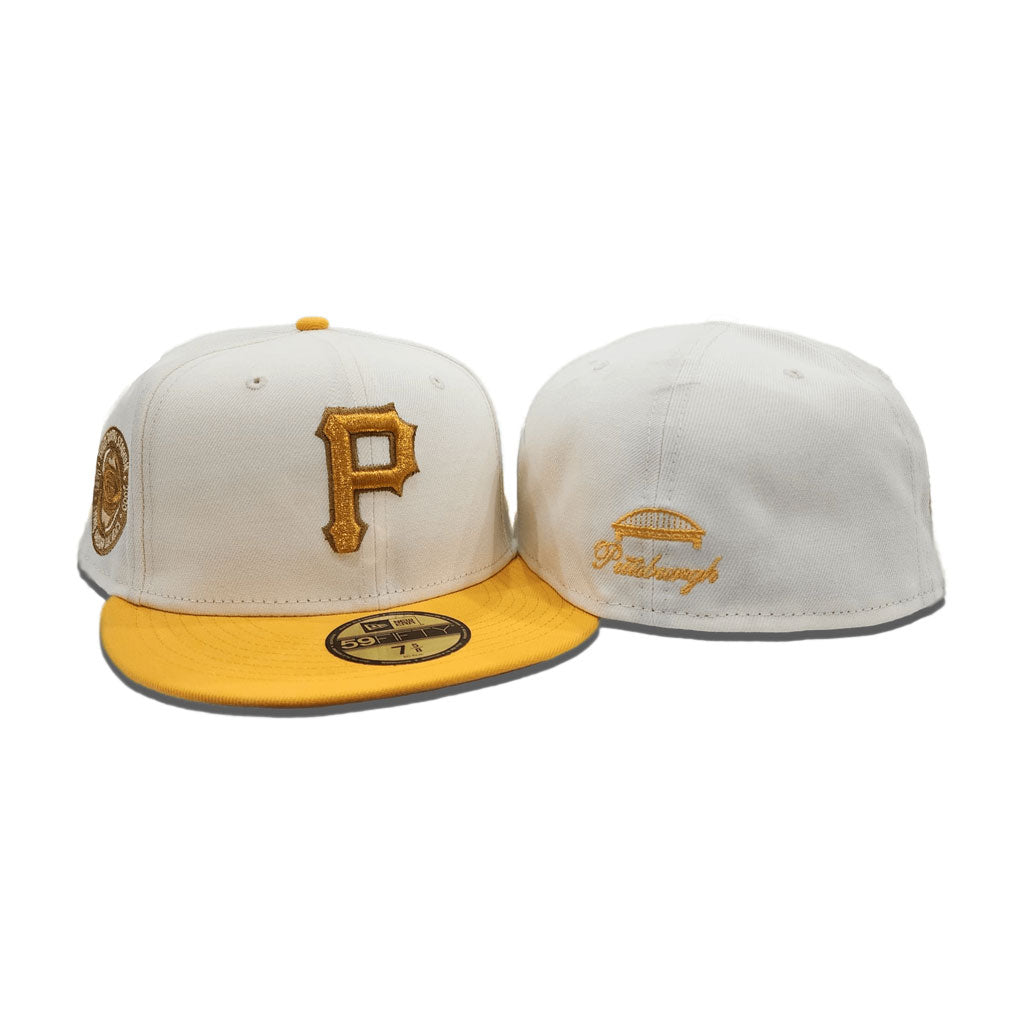 Off White Pittsburgh Pirates Yellow Visor Gray Bottom Three Rivers Stadium Side Patch New Era 59Fifty Fitted