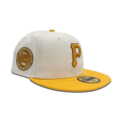 Off White Pittsburgh Pirates Yellow Visor Gray Bottom Three Rivers Stadium Side Patch New Era 59Fifty Fitted