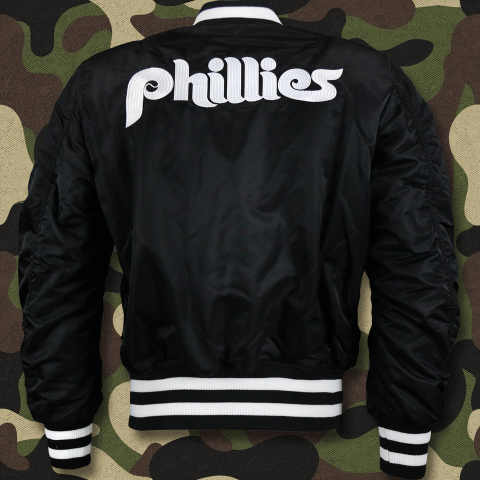 Black Philadelphia Phillies Alpha Industries X New Era Reversible MA-1 Bomber Jacket