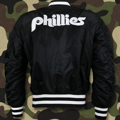 Black Philadelphia Phillies Alpha Industries X New Era Reversible MA-1 Bomber Jacket