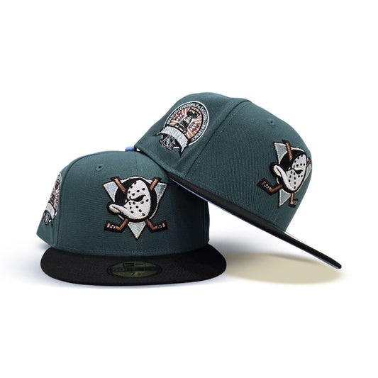 Pine Needle Green Anaheim Mighty Ducks Black Visor Icy Blue Bottom 2003 Stanley Cup Side Patch New Era 59Fifty Fitted