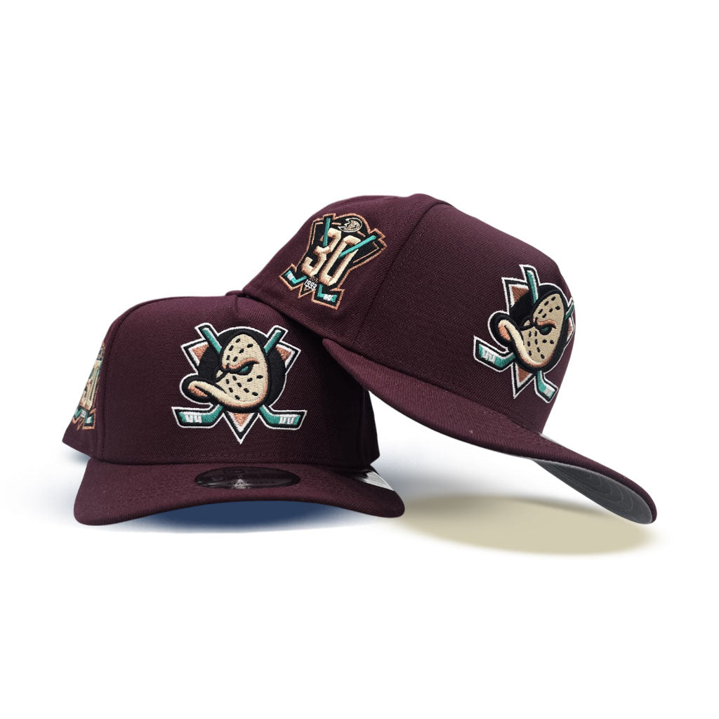 Plum Anaheim Mighty Ducks Gray Bottom 30th Anniversary Side Patch New Era Curved Brim A-Frame 9Fifty Snapback