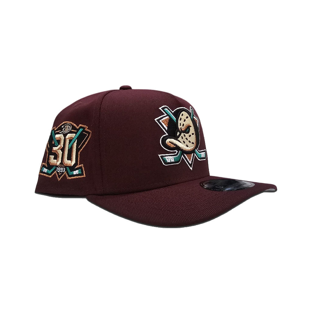 Plum Anaheim Mighty Ducks Gray Bottom 30th Anniversary Side Patch New Era Curved Brim A-Frame 9Fifty Snapback