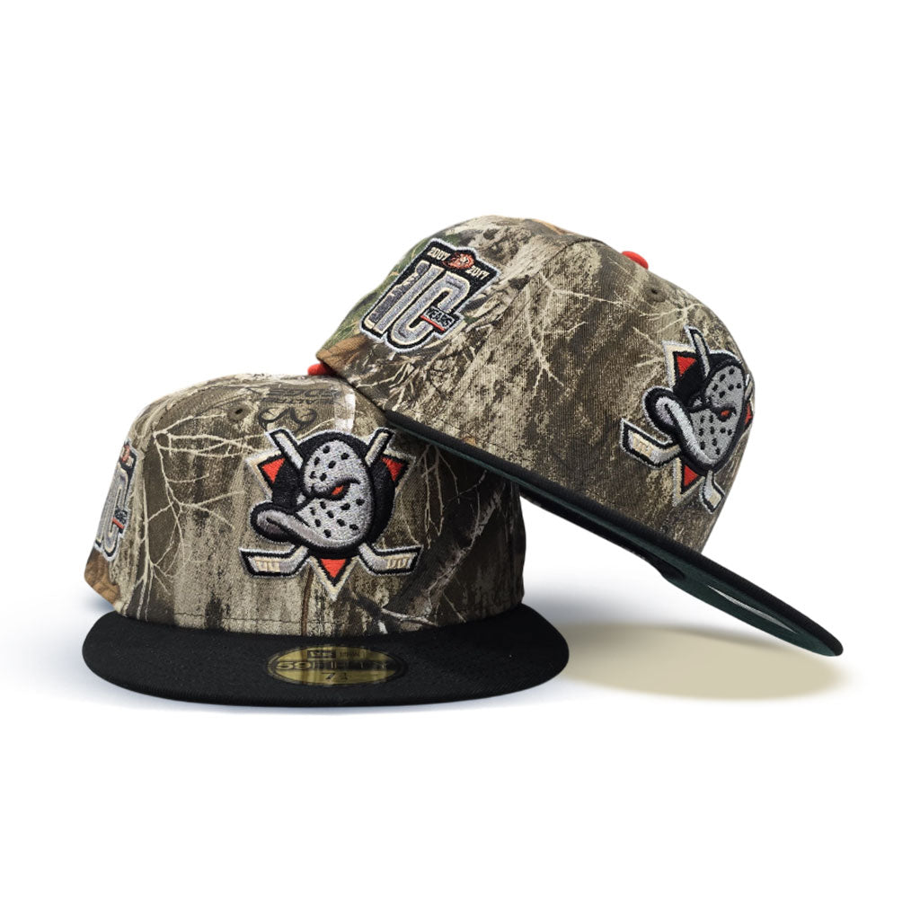 Real Tree Anaheim Mighty Ducks Black Visor Green Bottom 10th Years Side Patch New Era 59Fifty Fitted