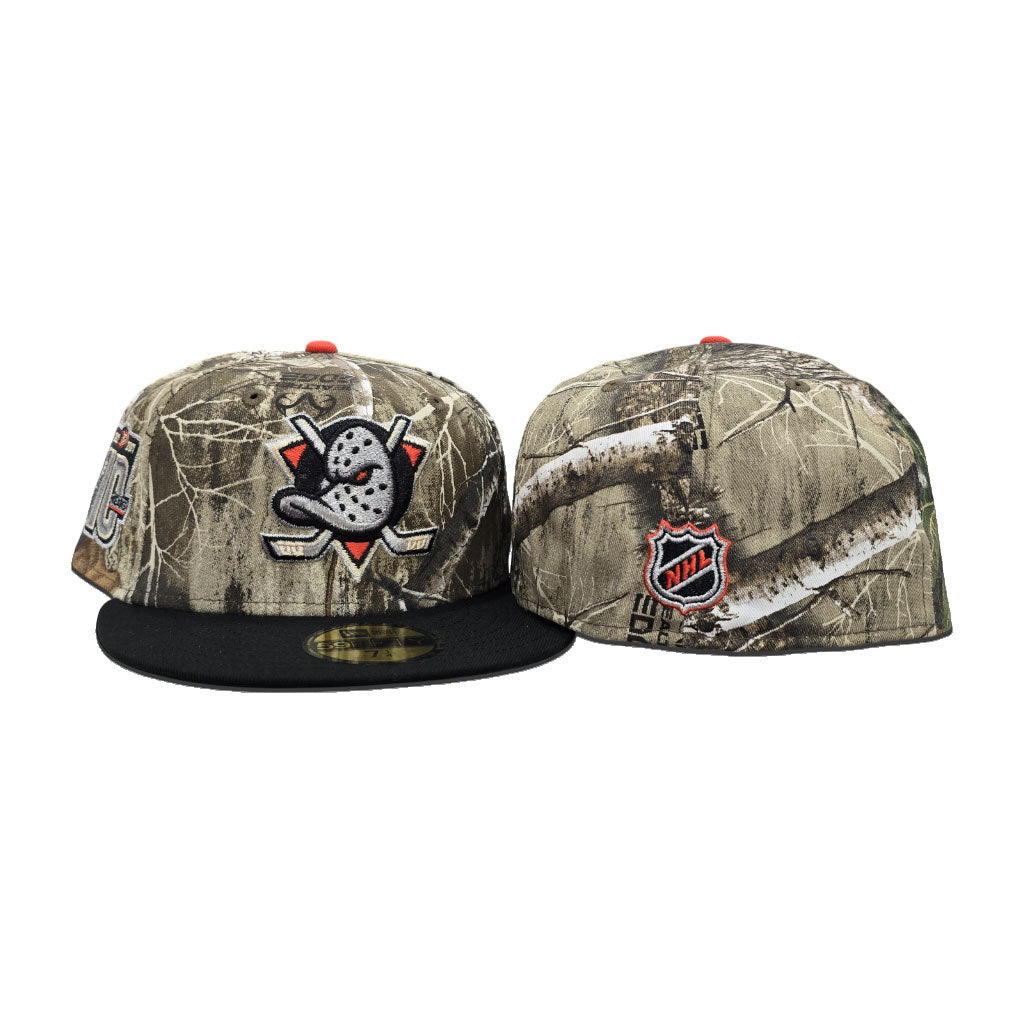 Real Tree Anaheim Mighty Ducks Black Visor Green Bottom 10th Years Side Patch New Era 59Fifty Fitted
