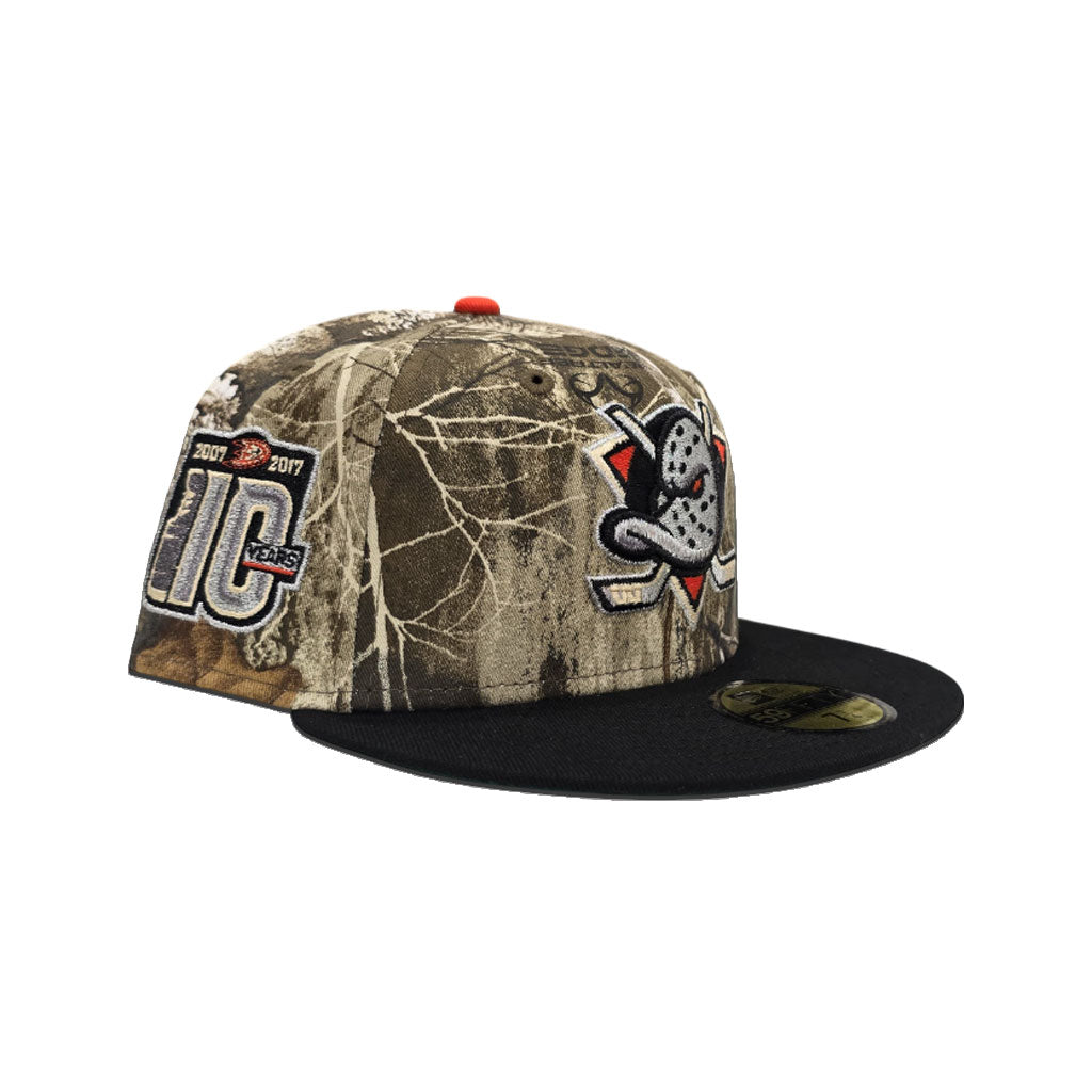 Real Tree Anaheim Mighty Ducks Black Visor Green Bottom 10th Years Side Patch New Era 59Fifty Fitted