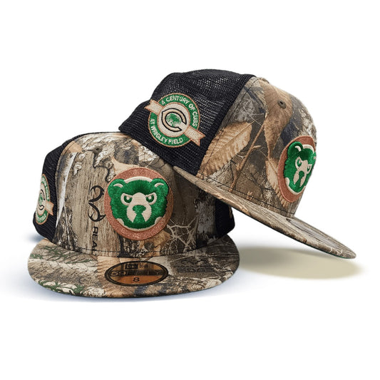 Real Tree Chicago Cubs Black Trucker Green Bottom A Century Wrigley Field Side Patch New Era 59Fifty Fitted