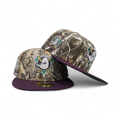 Real Tree Anaheim Mighty Ducks Plum Visor Gray Bottom 1993-1994 Inaugural Season Side Patch New Era 59Fifty Fitted