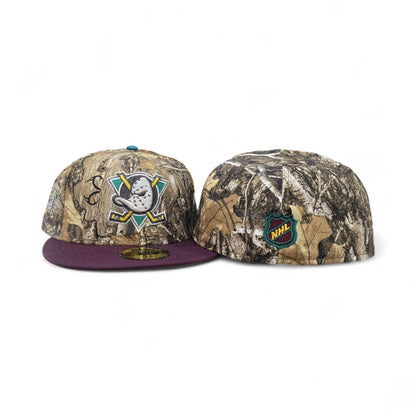 Real Tree Anaheim Mighty Ducks Plum Visor Gray Bottom 1993-1994 Inaugural Season Side Patch New Era 59Fifty Fitted