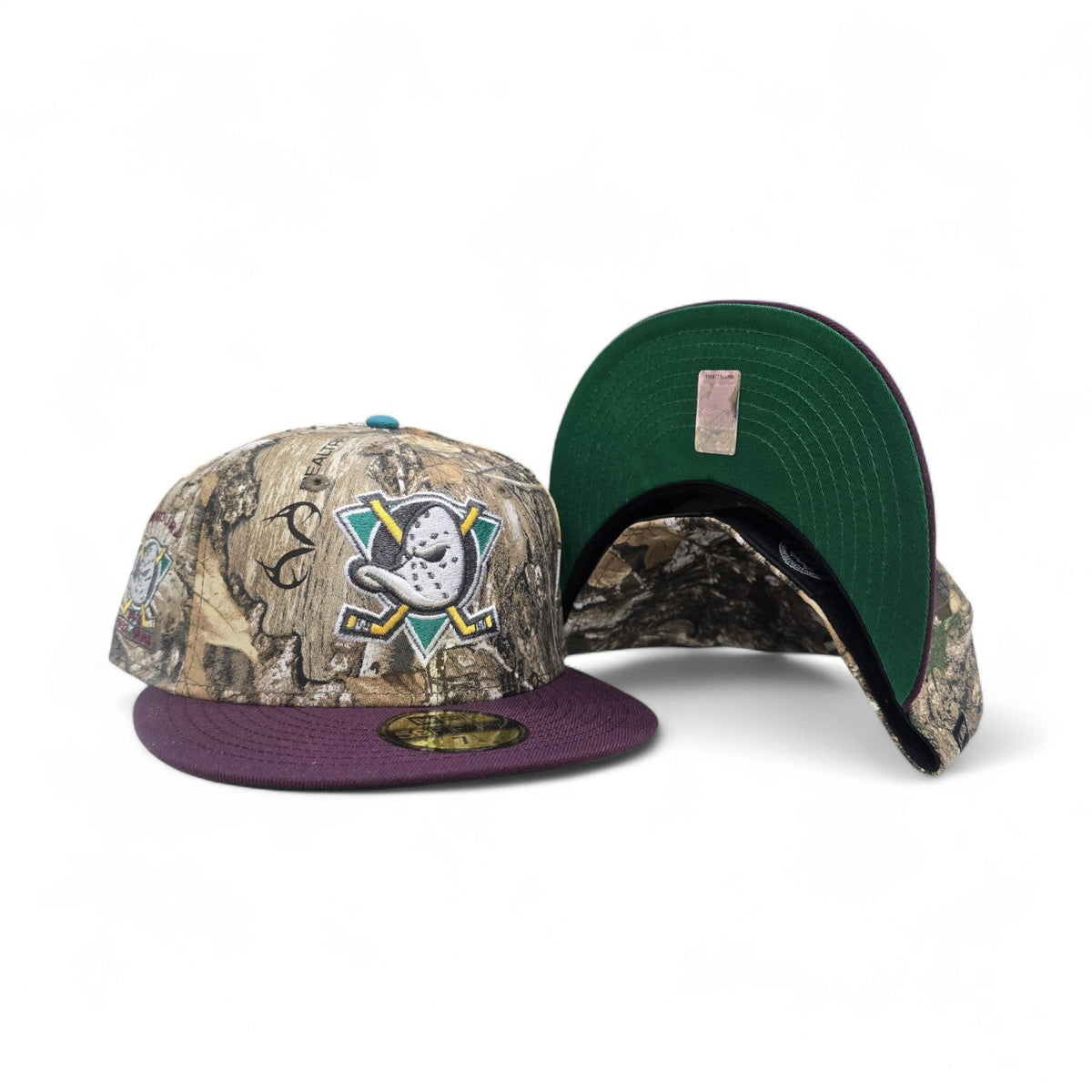 Real Tree Anaheim Mighty Ducks Plum Visor Gray Bottom 1993-1994 Inaugural Season Side Patch New Era 59Fifty Fitted
