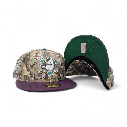 Real Tree Anaheim Mighty Ducks Plum Visor Gray Bottom 1993-1994 Inaugural Season Side Patch New Era 59Fifty Fitted