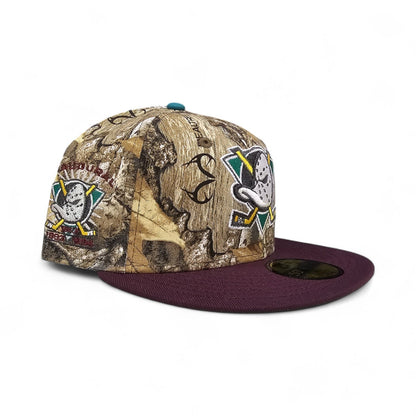 Real Tree Anaheim Mighty Ducks Plum Visor Gray Bottom 1993-1994 Inaugural Season Side Patch New Era 59Fifty Fitted